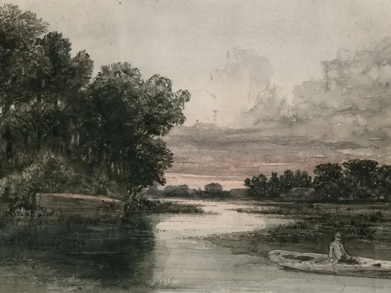 1812-Henri Rochussen - Un pescatore su una piccola barca in un canale al tramonto